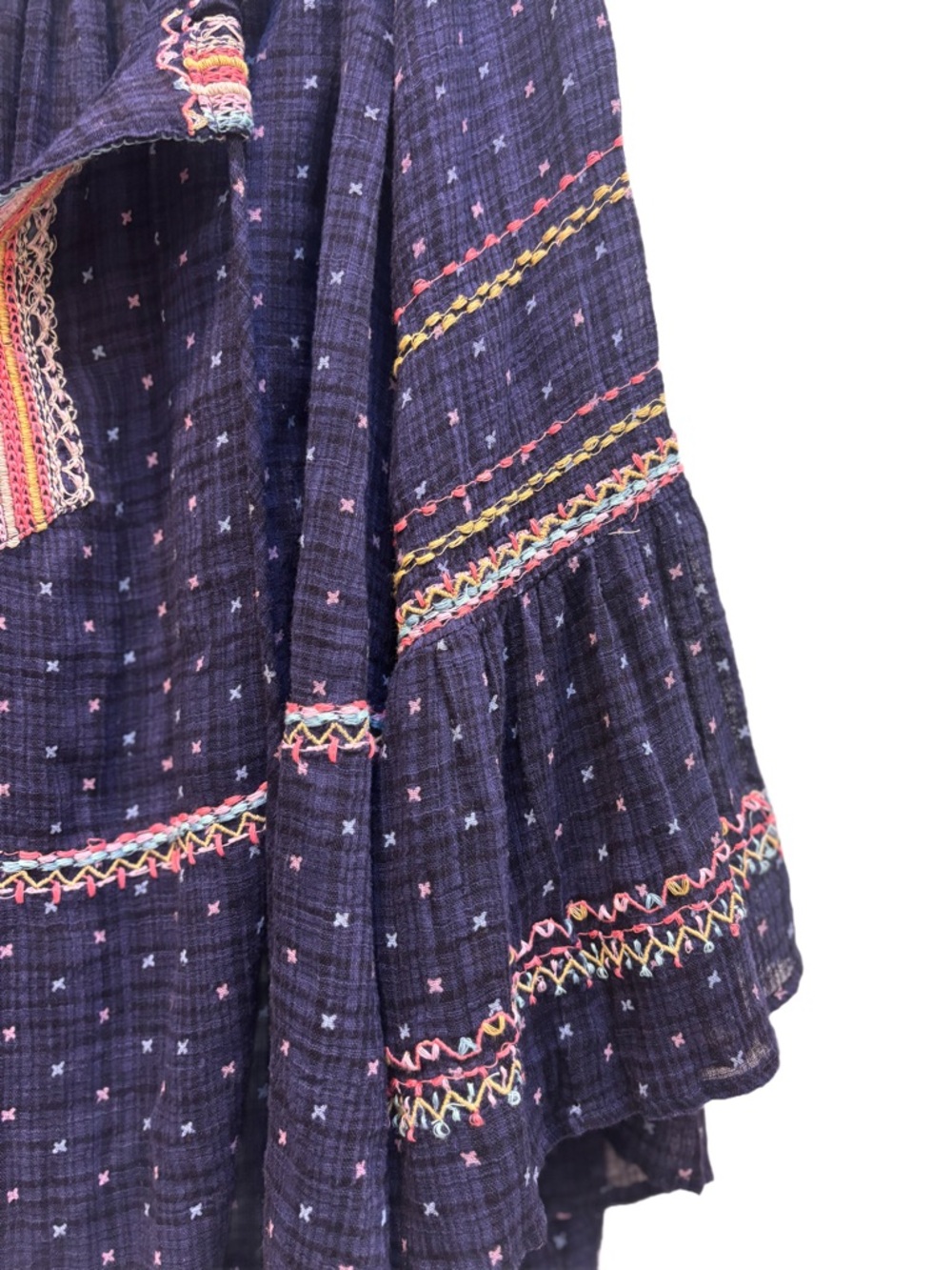Free People “Talia” Embroidered Top in Navy/Multicolor, Boho Peasant Bell Sleeve - Picture 7 of 14